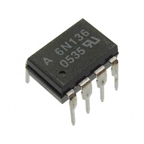 The 6N136 is an optocoupler with a GaAIAs infrared emitting diode, optically coupled with an integrated photo detector which consists of a photo diode and a high-speed transistor in a DIP8 plastic package. Signals can be transmitted between two electrically separated circuits up to frequencies of 2 MHz. The potential difference between the circuits to be coupled should not exceed the maximum permissible reference voltages. Features of 6N136 Optocoupler:Isolation test voltages 5300 VRMSTTL compatibleHigh bit rates 1 Mbit/sHigh common-mode interference immunityBandwidth 2 MHzOpen-collector outputExternal base wiring possibleAmbient temperature range (Tamb) -55 to +100 DegreeCSoldering temperature max. 10 s, dip soldering 0.5 mm from case bottom (Tsld) 260 DegreeCMaximum output current 16mABase current (IB) 5mA