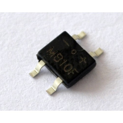 MB10F Bridge Rectifier MB10f is a surface Mount Glass passivatedbridge rectifierwith Maximum Peak reverse voltage of 1000 volts & average output current of 0.8 Ampere.Features of MB10F:Plastic material has U/L flammability classification 94V-OHigh surge overload rating 35A peakSaves space on printed circuit boardsHigh temperature soldering guaranteed 260 Degree C/10sec/ at 5 lbs. (2.3kg) tensionTerminals Plated leads solderable per MIL-STD-750, Method 2026Case Molded plastic body over passivated junctionsPolarity Polarity symbols marked on body Dimensions in inches and (millimeters)Mounting Position AnyPackage MBS