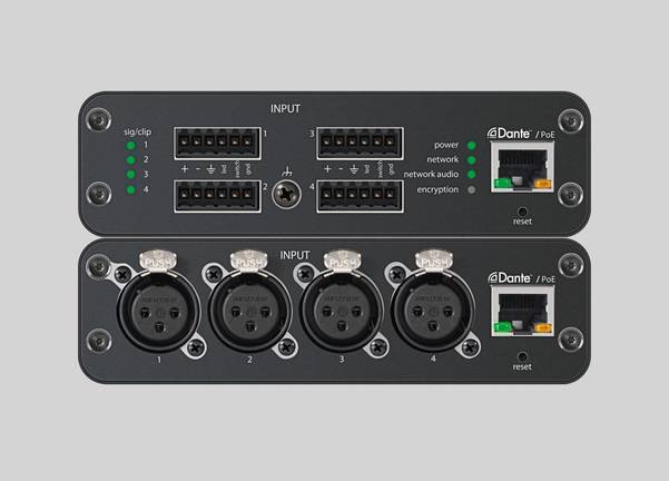 Audio network interface brings up to 4 analog wired microphones onto Dante.