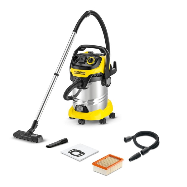 The high-end WD 6 P Premium multi-purpose vacuum cleaner impresses with its ultra-high suction power, with a power consumption of only 1,300 watts. The vacuum cleaner is equipped with the innovative filter removal technology and also with the flat pleated filter contained in a removable box in the device head. By folding out this box, the filter can be removed in seconds without any contact with dirt. Dry and wet dirt can be vacuumed without the need for filter replacement. Thanks to integrated filter cleaning, the dirty filter can be efficiently cleaned by pushing the filter cleaning button, so that suction power is quickly restored. The power outlet with automatic on/off switch allows you to work with connected power tools. Dirt resulting from planing, sawing or grinding work is vacuumed directly. Suction power can be adapted to requirements, both for standard vacuuming operations andfor use with power tools. Other highlights: 30-litre stainless steel container, newly developed accessories for the best cleaning results, removable handle with electrostatic protection, drain screw for large water volumes, parking position and much more.Outstanding filter cleaning•	Strong pulse air streams move the dirt from the filter into the container at the push of a button.•	The full suction power is quickly restored.Power outlet with automatic on/off switch for working with power tools•	Dirt that is a result of planing, sawing or grinding is suctioned away directly.•	The vacuum cleaner is switched on and off automatically via the power tool.Practical blower function•	Where vacuuming is not possible, the practical blower function can be used.•	Effortless dirt removal, e.g. from a gravel bed.Drain screw•	Time and energy-saving emptying of large water volumes.Practical parking position•	Quick and easy intermediate parking of suction tube and floor nozzle during working interruptions.Practical cable and accessory storage•	Space-saving, secure and easily accessible suction hose, power cable and accessory storage.Rotary switch (On/Off) with suction power adjustment•	Variable suction power adjustment for normal and power tool use.Technical dataActual suction power* (Air watts) - 260Energy use (W)	- 1300Container capacity (l) - 30Container material  - stainless steelStandard accessory ID (mm) - 35Current type (V/Hz) -220 - 240 / 50 - 60Weight without accessories (kg)	 - 9.5Dimensions (L × W × H) (mm) - 418 x 382 x 694EquipmentSuction hose, 2.2 m, 35 mmFlexible suction hose, 1 m, 35 mm, 1 m, 35 mmRemovable handle with electrostatic protectionSuction tubes, 2 piece(s), 0.5 m, 35 mmWet and dry floor nozzle, switchable floor nozzle with 2 rubber and 2 brush stripsFlat pleated filter, in removable filter boxCrevice nozzleFleece filter bag, 1 piece(s)Blower functionParking positionFilter cleaningDrain screwAccessory storage on the deviceAdaptor for connecting power toolsAutomatic on/off switchSturdy bumperPower controlConvenient 3-in-1 carrying handleRotary switch (on/off)Storage compartment for small partsManufactuer's warranty - 6 months (T & C apply). We are authorized service centre for KARCHER HOME & GARDEN Tools, Tel : 022-23736027 For sales : + 918017265815, sale@fairtradecorp.in.