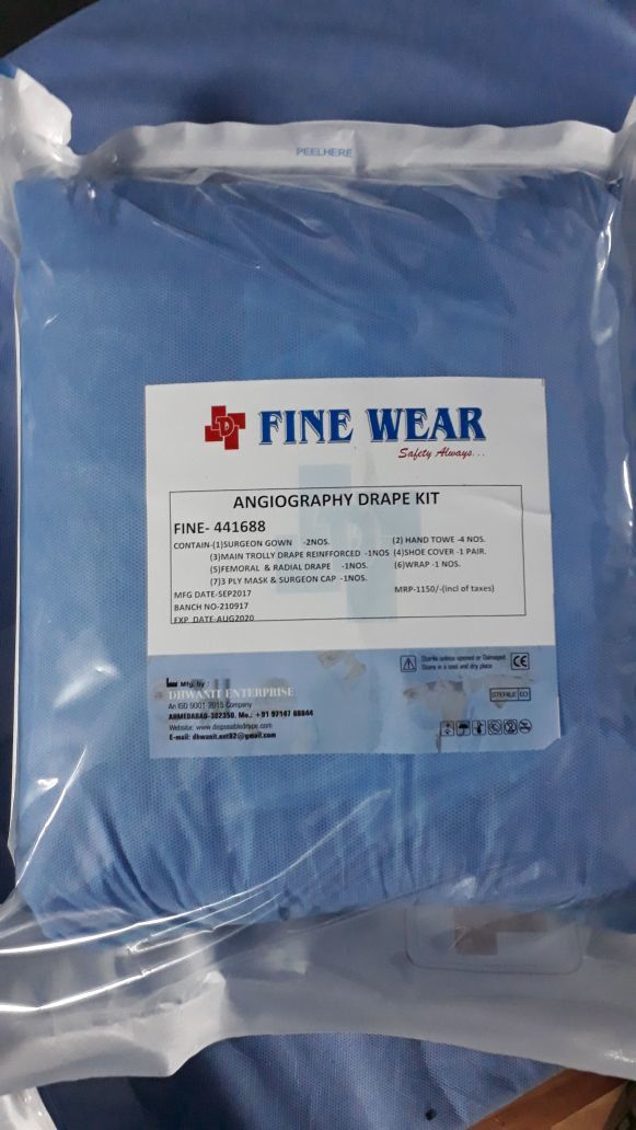 Surgeon gown- 2 pcs, Hand towel- 4 nos, Main trolley drape reinforced- 1 nos, Shoe cover- 1 pair, Femoral & Redial drape- 1 nos, Wrap- 1 nos, Ply mask & Surgeon cap- 1 nos.