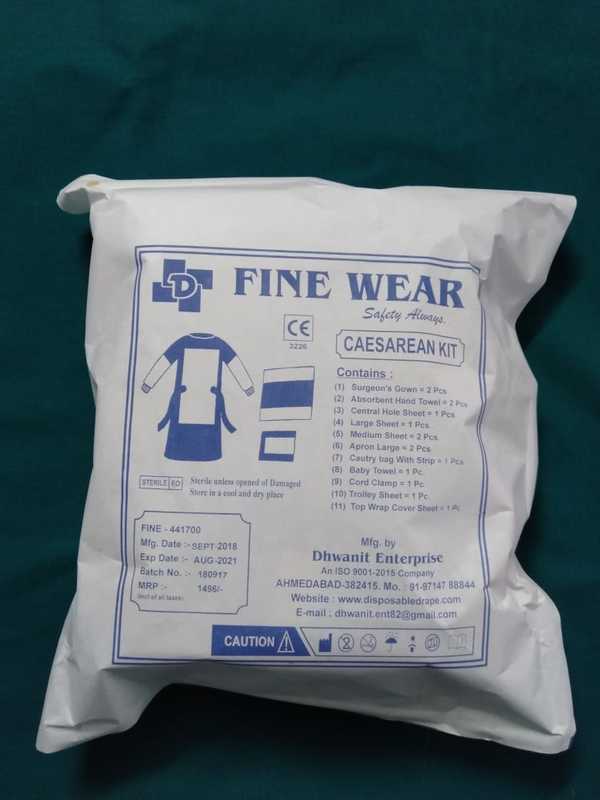Surgeon gown- 2 pcs, Absorbent hand towel- 2 pcs, Central hole sheet- 1 pc, Large sheet- 1 pc, Medium sheet- 2 pcs, Apron large- 2 pcs, Cautry bag with strip- 1 pc, Baby towel- 1 pc, Cord clamp- 1 pc, Trolley sheet- 1 pc, Top wrap cover sheet- pc.