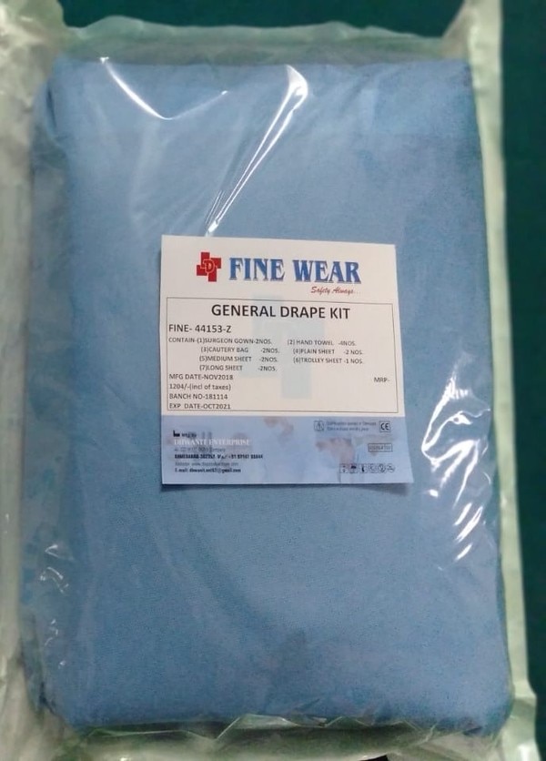 Surgeon gown- 2 nos, Hand towel- 4 nos, Cautery bag- 2 nos, Plain sheet- 2 nos, Medium sheet- 2 nos, Trolley sheet- 1 nos, Long sheet- 2 nos.