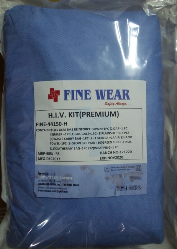 45 GSM SMS Reinforced gown- 1 pc, Cap- 1 pc, Mask- 1 pc, Goggle- 1 pc, Plain sheet- 2 pcs, Waste carry bag- 1 pc, Leggings- 1 pair, Hand towel- 1 pc, Gloves- 1 pair, Green sheet- 1 pc, Diathermy bag- 1 pc, Wrapping- 1 pc.