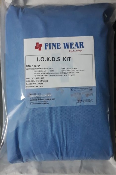 Surgeon gown- 2 nos, Face mask- 2 nos, Surgeon cap- 2 nos, Hole sheet 160x100 cm- 1 nos, Plain towel 120x150 cm - 2 nos, Trolley cover- 1 nos, Sponges- 2 nos, Hand napkin- 2 nos, Wrap- 1 nos.