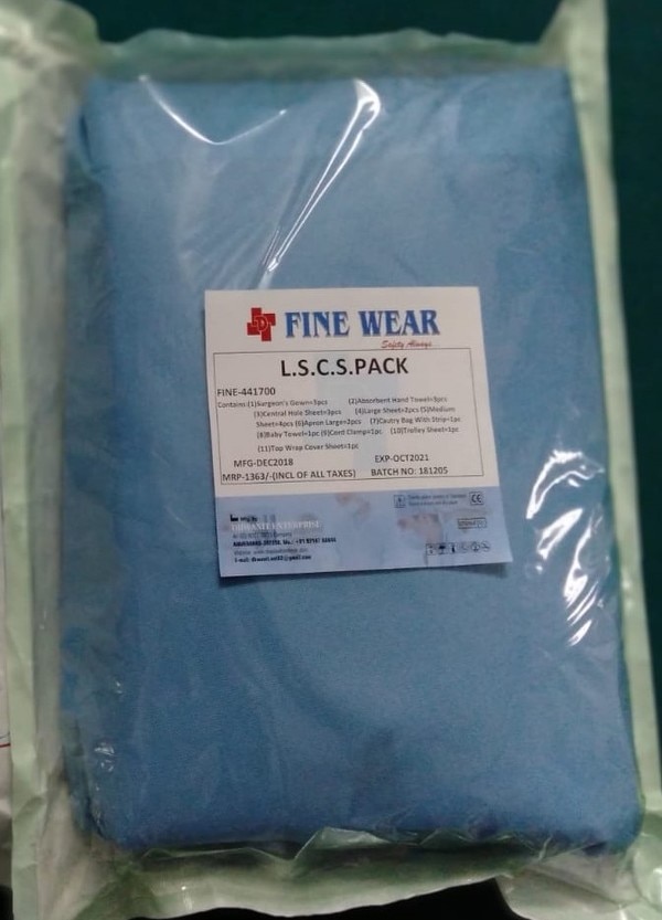 Surgeon gown- 3 pcs, Absorbent and towel- 3 pcs, Central hole sheet- 3 pcs, Large sheet- 2 pcs, Medium sheet- 4 pcs, Apron large- 2 pcs, Baby towel- 1 pc, Cautery bag with strip- 1 pc, Cord clamp- 1 pc, Trolley sheet- 1 pc, Top wrap cover sheet- 1 pc