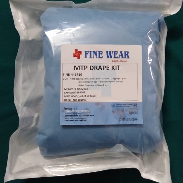 Drape 80x125 cm, Hole 15x15 cm, Leggings- 1 pair, Surgical gown- 1 pc, Plain sheet 140x150 cm- 1 nos, Half gown- 1 pc, Wrap- 1 pc.