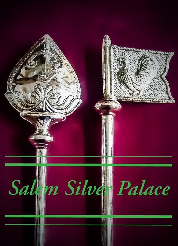 Silver Vel and Silver Seval kodi.Weight 230gms. Height 14 inches. Available in good quality of silver. For details contact Salem Silver Palace9894353579Silver wholesaleSalemTamilnaduIndia 🇮🇳