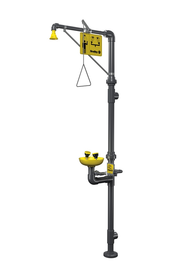 Features:Pipe: GI Pipe.Valve: Made from M.S. Coating. Through - Passage Valve which opens automatically when the lever is pushed, and the valve stays open until it is manually closed.Shower Head & Eyewash Bowl: In highly Visible Yellow ABS anti-corrosive plastic.Spray Head Assembly: Two high flow Sprays aerated at low pressure which bathe the eyes and face of the injured person, with automatic anti-dust cover, which operate when the Eye wash is used and it is made of with Brass Pipe.