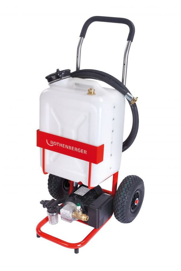 Solar filling pump ROSOLAR PumpWith the ROSOLAR Pump solar systems can be filled safely and easily, as well as effectively rinsed or vented.PRODUCT PROFILEHigh-performance pump for quick filling and effective flushing of solar plantsHeat resistant hoses (100° C) allow a safe filling and maintenance of solar plantsHeight-adjustable (76-110 cm) telescopic handle for space-saving storage, easy transport and good handling in confined spacesWell-thought-out handling: the canister can be easily filled through the large opening. The shut-off valve in the bottom allows an easy emptying of the entire containerOptional: robust and heat resistant (90° C) impeller pump: small solid particles are conveyed easily.