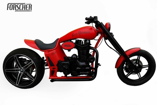 In the very depths of hell do demons not love each other? And when an angel craving chaos falls in love with a demon seeking peace, it gives rise to Forscher's Red demon. It is designed in Sleak Red matt finish with unparalleled finesse. Just like its name this unconventional Customisation is for those who walk through the fire like a pro. FORSCHERCOMBATANT With an appeal that is fuming hot, no doubt it can lead the thermometer temperature skyrocketing. Reflecting the passion of red and the power of black The Red demon proves that even fallen angels look hot as hell. Forscher Customizes bikes that resound with our clients deepest passions. And the Red Demon stands true to it. So how bold and unconventional are you at the scale of 0 to Forscher's Red Demon? Book now to know :P