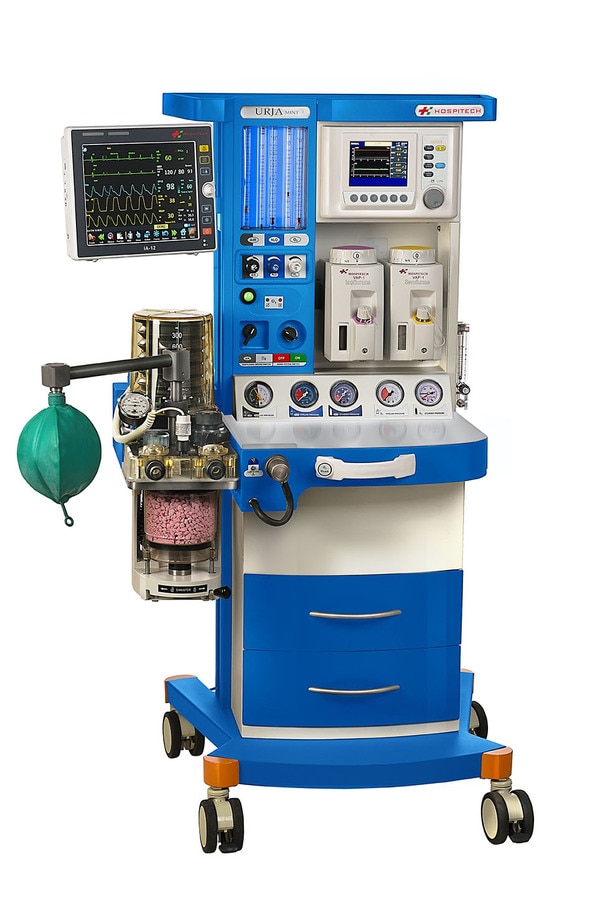 URJA MINT Anesthesia Workstation adopts advanced design concept, offering powerful ventilation function, complete patient monitoring parameters as well as integrated autoclavable intelligent breathing system, contributing to clinical, safe and comfortable anaesthesia.- Advanced easy to use features, with low flow anaesthesia technology, providing seamless integrated operation- The URJA MINT is the ideal solution for customers seeking an affordable, reliable and easy to use anaesthesia system- Absorber/ Ventilator interface, Circle On/Off switch & the ventilator automatically switched off in the open circuit mode - Low life costs, solution for restricted space, high levels of workstation integration- Modular construction and open architecture for monitors, ventilators and accessories- Tested for stability, performance &compact but beautifully engineered solution- Flexible platform for patient monitoring- Arm for mounting ventilator, monitor on side rail assembly- The URJA MINT ventilators provide the performance you need in the O.R. by allowing you to choose the ventilator configuration and the way you interact with it. A range of ventilation modes and waveform displays are available, further enabling you to match your ventilator to your patients changing requirements- Robust, reliable, compact and lightweight- Smooth and double coated with based coat for long rust proof & fumigation resistance coat- Precise tidal volume delivered with electronic PEEP, Innovative ventilation technology paired with easy operation and maintenance make the URJA MINT a natural choice for many applications- Anti-hypoxic mechanism in URJA MINT helps clinicians mitigate the risk of hypoxic mixtures during low and minimum flow- Intelligent highly integrated breathing circuit system- Accurate anaesthesia vaporizer - Basic yet effective modes of ventilator - The anaesthesia ventilator, comparable with ICU ventilator, takes care of the whole process from anaesthesia induction to recovery, enabling the anaesthesiologist to be focused more on the patients (hands free) during anesthesia