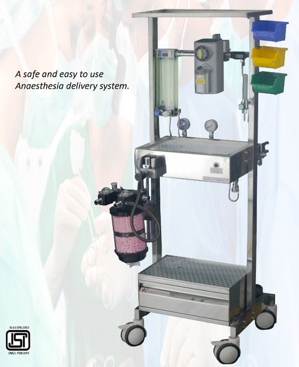 A fine product from Reubens Hospitech, has established itself as a reliable brand in innumerable operation theatre across the country. Its compact size, elegant appeal provide a long lasting payback to the valuable trust placed on the product.- Machine should be constructed with sturdy frame of corrosion proof medical grade material with durable finish- Mounted on 4 wheels, front 2 having brakes- Top shelf having weight bearing capacity of minimum 25 kgs- All gauges to be mounted in behind the middle panel- Separate cylinder pressure gauge for O2/N2O for each source of inlet- Should have provision to attach 1 pin type cylinder of each gas i.e, O2, N2O- O2 failure alarm and N2O to cut off when the pressure in any source of O2 falls below 250 kPa- Common Gas Outlet (CGO) provided- Non interchangeable gas supply inlet for O2/ N2O and Air as per standards- Blow off valve for patient safety to ensure that not more than 120 cm of water pressure is delivered to the patient at any given point of time
