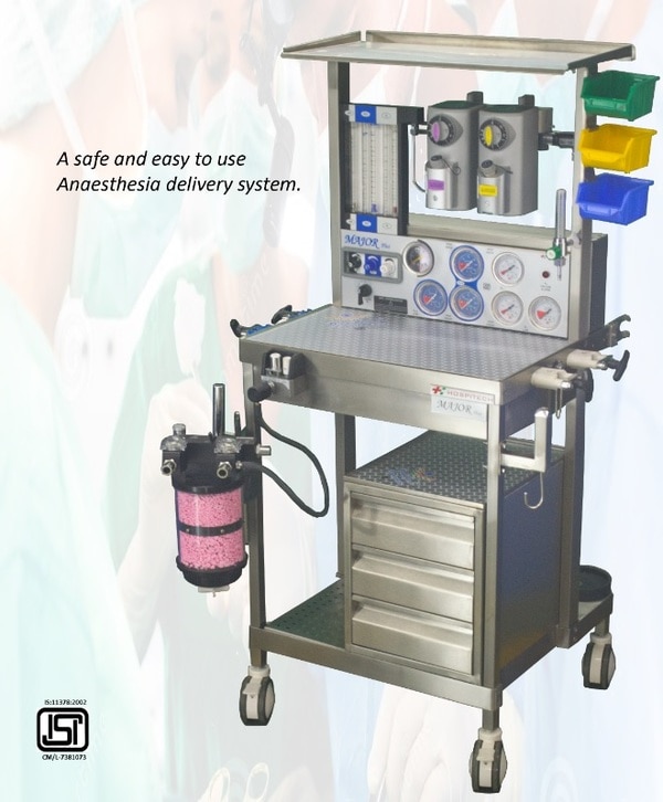 A fine product from Reubens Hospitech, has established itself as a reliable brand in innumerable operation theatres across the country. The high end features present in the machine along with its elegant appeal provide a long lasting payback to the valuable trust placed on the product. - Machine constructed with sturdy frame of corrosion proof medical grade material with durable finish- Mounted on 4 wheels, front 2 having brakes- Top shelf having weight bearing capacity of minimum 50 kgs- All gauges to be mounted in front panel- System has ON/OFF switch- Separate cylinder and pipeline pressure gauge for O2/ N2O/ Air - Provision to attach 2 pin type cylinder of each gas i.e, O2 and N2O  - Separate pipeline inlet for O2, N2O and Air- 5 tube cascaded rotameter for O2, N2O AND Air for delivery of low flow anesthesia- O2 failure alarm and N2O cut off when the pressure in any source of O2 fall below 205 kPa - Common Gas Outlet (CGO) provided- Non interchangeable gas supply inlet for O2, N2O and Air as per standards- ORC/ equivalent system to insure that 23% to 25% O2 is always maintained at any point of supply of gas to the patient (Anti Hypoxia guard)- Blow off valve for patient safety to ensure that not more than 120cm of water pressure is delivered to the patient at any point of time