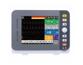 SpecificationsDisplay- 8ˮ color TFT screen- Resolution: 800 x 600dpiIndicator- Power indicator light- Battery indicator lightBattery- 4400mAh Rechargeable Li-ion battery- 4hours for continuous workingNetworking- Connected to central monitoring systemI/O- LAN 1 standard RJ45 Port- USB 1 USB connector- SD 1 SD card connector- Nursing call connectorECG- Lead Type: 3/5 – lead- Gain selection: x0.125, x0.25, x0.5; x1; x2; auto- Sweep speed: 12.5mm/s, 25mm/s, 50mm/s- Filter: Diagnostic mode: 0.05 - 120Hz            Monitoring mode: 0.5 - 40Hz            Surgery mode: 1 - 25Hz- Notch: 50Hz, 60Hz- Heart Rate Range:            Adult: 15 - 300bpm;            Pediatric/ Neonate: 15 - 350bpm;- Accuracy: ± 1bpm or ± 1%, whichever is greater- Resolution:  ± 1bpmRespiration- Method: Trans-thoracic impedance- Operation modes: Auto- Measurement range:         Adult: 0 ~ 120 rpm         Neonate/ Pediatric: 0 ~ 150 rpm         Apnea alarm delay: 20s, 25s, 30s, 35s, 40s, 45s, 50s, 55s, 60s         Bandwidth: 0.3 to 2Hz (-3dB)         Sweep speed: 6.25mm/s, 12.5mm/s, 25mm/sSpO2- Measurement range: 0 ~ 100%- Resolution: 1%- Accuracy: ± 2% (70-100% Adult/ Pediatric);                   ± 3% (70-100% Neonate);                   0 - 69% unspecified- Refreshing rate: 1s- Sweep Speed: 12.5mm/s, 25mm/sPulse Rate- Range: 25 ~ 250bpm- Resolution: 1bpm- Accuracy: ± 3bpm non-motion                   ± 5bpm motion- Refreshing rate: 1sNIBP- Method: Automatic oscillometric- Operation modes: Manual/ Auto/ Continue- Measurement unit: mmHg/ kPa selectable- Measurement type: Systolic, Diastolic, Mean- Measurement range:- Range of systolic pressure:        Adult Mode 40 - 270 mmHg        Pediatric Mode 40 - 200 mmHg        Neonatal Mode 40 - 135 mmHg- Range of diastolic pressure:        Adult Mode 10 - 210 mmHg        Pediatric Mode 10 - 150 mmHg        Neonatal Mode 10 - 100 mmHg- Range of mean pressure:        Adult Mode  20 - 230 mmHg        Pediatric Mode  20 - 165 mmHg        Neonatal Mode  20 - 110 mmHg- Accuracy: Max mean error:  ± 5 mmHg        Max standard deviation: 8 mmHg- Over-pressure protection: Double safety protection- Resolution: 1mmHgTemperature- Accuracy: ± 0.1°C or ± 0.2°F (without probe)- Measurement range: 0~50°C (0 to 122°F)- Channel: Two-channel- Resolution: 0.1°C- Parameter: T1, T2 and TDMasimo ISATM Sidestream CO2 (OPTION)- Warm-up time: Full accuracy within 10 seconds- Sampling flow rate: 50mL/min (+/-10mL/min)- Accuracy: ± (0.2% + 2% of the reading)- Measurement Range: 0-15%- Rise time: 200ms, typical at 50mL/min flow rate- Total response time: within 3 seconds (with 2m Nomo line sampling line)- AWRR Range: 0-150bpm- AWRR Accuracy: ± 1 breathMasimo IRMA TM Mainstream CO2 (OPTION)- Measurement Range: 0-15%- Warm-up time: Full accuracy within 10 seconds- Accuracy: ± (0.2% + 2% of the reading)- AWRR Range: 0-150bpm- AWRR Accuracy: ± 1 breathOperation Environment- PowerAC 100-250V, 50/60Hz.- Temperature 0-40°C- Humidity15-85%- Patient RangeAdult, Pediatric, Neonate