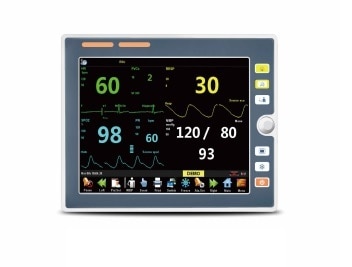SpecificationsDisplay- 12.1ˮ color TFT screen- Resolution: 800 x 600dpiIndicator- Power indicator light- Battery indicator lightBattery- 4400mAh Rechargeable Li-ion batteryNetworking- Connected to central monitoring systemI/O- LAN 1 standard RJ45 Port- USB 1 USB connector- SD 1 SD card connector- Nursing call connectorECG- Lead Type: 3/5 – lead- Gain selection: x0.125, x0.25, x0.5; x1; x2; auto- Sweep speed: 12.5mm/s, 25mm/s, 50mm/s- Filter: Diagnostic mode: 0.05 - 120Hz            Monitoring mode: 0.5 - 40Hz            Surgery mode: 1 - 25Hz- Notch: 50Hz, 60Hz- Heart Rate Range:            Adult: 15 - 300bpm;            Pediatric/ Neonate: 15 - 350bpm;- Accuracy: ± 1bpm or ± 1%, whichever is greater- Resolution:  ± 1bpmRespiration- Method: Trans-thoracic impedance- Operation modes: Auto- Measurement range:            Adult: 0 ~ 120 rpm         Neonate/ Pediatric: 0 ~ 150 rpm         Apnea alarm delay: 20s, 25s, 30s, 35s, 40s, 45s, 50s, 55s, 60s         Bandwidth: 0.3 to 2Hz (-3dB)         Sweep speed: 6.25mm/s, 12.5mm/s, 25mm/sSpO2- Measurement range: 0 ~ 100%- Resolution: 1%- Accuracy: ± 2% (70-100% Adult/ Pediatric);                   ± 3% (70-100% Neonate);                   0 - 69% unspecified- Refreshing rate: 1s- Sweep Speed: 12.5mm/s, 25mm/sPulse Rate- Range: 25 ~ 250bpm- Resolution: 1bpm- Accuracy: ± 3bpm non-motion                   ± 5bpm motion- Refreshing rate: 1sNIBP- Method: Automatic oscillometric- Operation modes: Manual/ Auto/ Continue- Measurement unit: mmHg/ kPa selectable- Measurement type: Systolic, Diastolic, Mean- Measurement range:- Range of systolic pressure:        Adult Mode 40 - 270 mmHg        Pediatric Mode 40 - 200 mmHg        Neonatal Mode 40 - 135 mmHg- Range of diastolic pressure:        Adult Mode 10 - 210 mmHg        Pediatric Mode 10 - 150 mmHg        Neonatal Mode 10 - 100 mmHg- Range of mean pressure:        Adult Mode  20 - 230 mmHg        Pediatric Mode  20 - 165 mmHg        Neonatal Mode  20 - 110 mmHg- Accuracy: Max mean error:  ± 5 mmHg        Max standard deviation: 8 mmHg- Over-pressure protection: Double safety protection- Resolution: 1mmHgTemperature- Accuracy: ± 0.1°C or ± 0.2°F (without probe)- Measurement range: 0~50°C (41 to 122°F)- Channel: Two-channel- Resolution: 0.1°C- Parameter: T1, T2 and TDIBP (OPTION)- Channel: 2-ch, 4-ch- Range: -50mmHg ~ 400mmHg- Resolution: 1mmHg- Accuracy: ±2% or ±1mmHg, whichever is greater- Sensitivity: 5uV/mmHg/V- Impedance range: 300 to 3000ΩC.O. (OPTION)- Method: Thermo dilution- Range: C.O.: 0.1 to 20L/min       TB: 23 TO 43°C       T1: 0 to 27°C- Accuracy: C.o.: 5% or ± 0.1L/min, whichever is greater- TB, T1: ± 0.1°C (without sensor)Masimo ISATM Sidestream CO2 (OPTION)- Warm-up time: Full accuracy within 10 seconds- Sampling flow rate: 50mL/min (+/-10mL/min)- Accuracy: ± (0.2% + 2% of the reading)- Measurement Range: 0-15%- Rise time: 200ms, typical at 50mL/min flow rate- Total response time: within 3 seconds (with 2m Nomo line sampling line)- AWRR Range: 0-150bpm- AWRR Accuracy: ± 1 breathMasimo IRMA TM Mainstream CO2 (OPTION)- Measurement Range: 0-15%- Warm-up time: Full accuracy within 10 seconds- Accuracy: ± (0.2% + 2% of the reading)- AWRR Range: 0-150bpm- AWRR Accuracy: ± 1 breathOperation Environment- PowerAC 100-250V, 50/60Hz.- Temperature 0-40°C- Humidity15-85%- Patient RangeAdult, Pediatric, Neonate