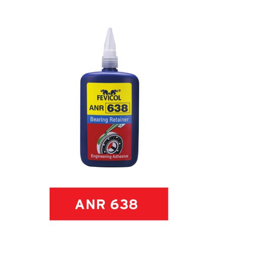 FEVICOL ANR 638It is a Heavy duty, Fast curing, high strength anaerobic retaining formulation ideally designed to bond and retain cylindrical parts such as shafts, gears, pullys, Where maximum strength is required with higher gap filling ability. It is designed for cylindrical parts where consistent clean surface cannot be Maintained.Product FeaturesExcellent resistance to Dynamic, Axial & radial loads.Excellent resistance to all usual fluids, oils , gases, chemicalsTemperature resistance upto – 50 to 1500C.Prevents fretting corrosionDampens vibration, shock & impact loadsAllows uniform load distribution -Eliminates interference fitsTechnical SpecificationAppearance: Green liquidComponents: One component – requires no mixingCure: AnaerobicApplication: High Strength Bearing RetainerApplication of ProductRetaining of cylindrical parts such as Bearings, bushes, Gears , Pullys, locking bushings and sleeves into housing & on shafts, etcSome typical applications include retaining of bush in timing cover (oil impregnated bushings into housings), to retain speedometer drive housing etc.