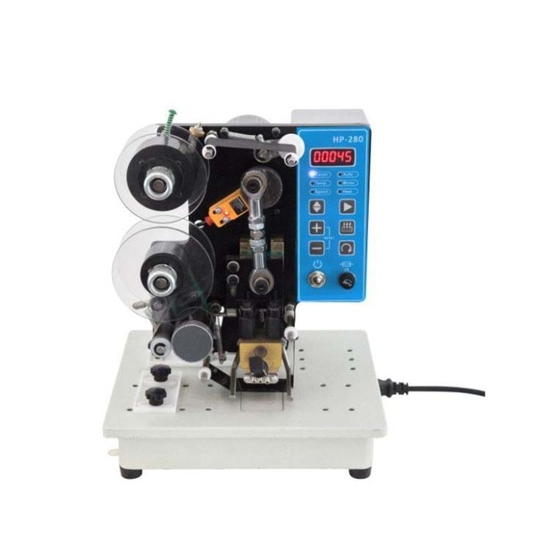 Printing ink can be substituted by internationally popular environment-friendly color strip with no pollution and fire resistant performance. Contactless switch control with better sync performance. Electrical Motor of famous factory is installed with reliable cylinder and pneumatic components. Anodic treatment of high clas aluminium alloy is beautiful and durable.Technical SpecificationPower	120 WPrinting Speed	20-70psc/minPrinting Letters	4 LinesHot Printer Width	35mmSize[L×W×H]	270×260×360mm.