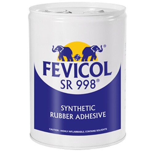 FEVICOL SR 998 Fevicol SR 998 IS is a synthetic rubber based solvent containing contact adhesive. It exhibits excellent bond strength. The adhesive dries in a tough flexible film with good resistance to water and ageing. It can be applied by brush or roller.KEY FEATURESFast setting and high heat stability.No harmful benzene-Non Hazardous to health.PRODUCT SPECIFICATIONSFevicol SR-998 is used in furniture manufacturing for bonding laminate to woodIt is also used for flooringIt is also used for bonding - Foam, Rubber, Rexine and Metal to each other