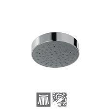 In this overhead shower 100 mm round shape single flow and also ABS body chrome plated with gray face plate with rubit cleaning system .