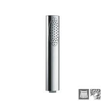 It is a oval shape hand shower it is branded piece of jaquar its body is so light and strong so we move it easily .