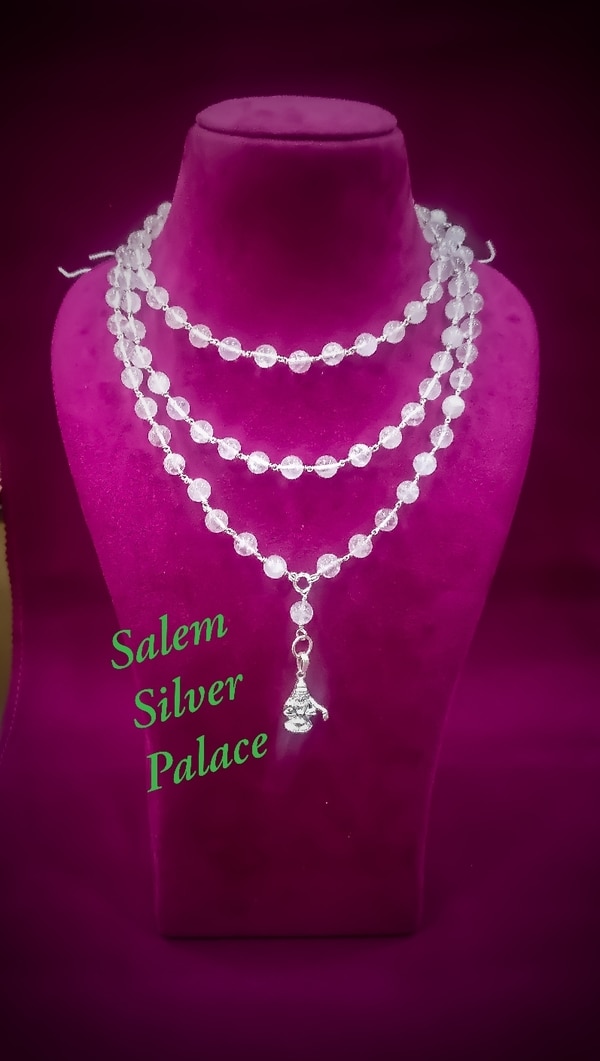 Silver Spadikam Maalai with Ayappan Dollar. Special customised order.108 Spadikam beads tied with silver knots. Silver weight 20 gms (with dollar). Made in good quality of silver and has long durability. For details contact Salem Silver Palace 9894353579 Silver wholesale Salem Tamil Nadu India 🇮🇳 www.salemsilverpalace.in