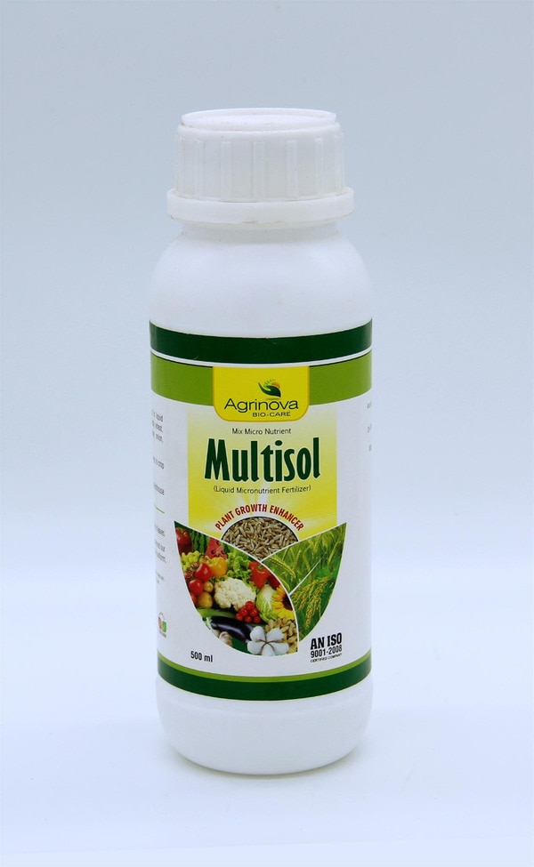 Liquid Multi Micro Nutrient provides five plant essential Micro nutrients plus an additional boost of Zn, Fe, Mn, Boron, Cu  in an easy to use concentrate. It’s ideal for correcting nutrient deficiencies in Vegetable gardens, field crops, Fruit trees, vines and turf grasses through foliar or soil Applications. Multisol is a well balanced Multi Micro Nutrient product in Liquid from. Multisol effectively supplies all the essential trace elements to crop to bring about faster, Healthy growth with higher yield.Dosage :  40 ml to 50 ml per 15 Litre Water,  500 ml Per Acre.Crops :  It is most effective for getting increased yield of Paddy, Wheat, Grapes, Cotton, Sugarcane, Vegetables, Ground Nut, Cumin, Onion, Garlic etc. Packing Available :  250 ml/ 500 ml/ 1 Ltr/ 5 LtrBulk Packing Available : 50 Ltr, 200 Ltr HDPE container 
