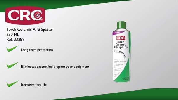 CRCTORCH CERAMIC ANTI-SPAT­TER -High-performance ceramic anti-spatter spray, providing long lasting protection against spatter build-up on the torch and welding equipment.Benefits:Eliminates excessive spatter built-up on welding equipmentProtects gas nozzles, contact tips and contact tip holdersPrevents the adhesion of metalIncrease tool lifeEnsures a free gas flow and free supply of the welding wireOnly one treatment needed per shiftApplications:MIG/MAG WeldingWelding robotsCharacteristics:Leaves a dry, white and thin Ceramic protective coatingLong lasting torch protection (±8 hours)Temperature resistant, up to 900ºC in air and up to 2000ºC under inert conditionsSilicone freeQuick Drying (±15 seconds)Excellent surface adhesionNo halogenated components