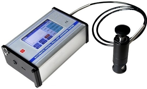 ApplicationOur Digital Pull Off Tester is unique instrument for adhesion and bond strength testing of all types of films, coatings, laminates, adhesives, metals plastic coatings, concrete coats, and mortars and plasters and other materials. It is portable, hand-operated instrument which is used to measure the force required to pull a specified test diameter of coating away from its substrate using hydraulic pressure. The pressure is displayed on a digital LCD and represents the coating's strength of adhesion to the substrate. It evaluates the adhesion (pull-off strength) of a coating by determining the greatest tensile pull-off force that it can bear before detaching, breaking points, demonstrated by fractured surfaces, occur along the weakest plane within the system consisting of dolly, adhesive, coating layers and substrate.Specifications:Dolly Size : 20mm (Standard); 10mm,14mm,50mm (Optional)Resolution : 0.01MPa (1psi)Accuracy : ±1% Full scale Max. Pull-off Pressure : Ø 10mm dolly→0~80 MPa; (Optional)Ø 14mm dolly→0~40 MPa; (Optional)Ø 20mm dolly→0~20 MPa; (Standard)Ø  50mm dolly→0.2~3.2 MPa; (Optional)Accessories:20mm Aluminum test dollies (20 pcs)Cutting toll for 20mm dollies, 3M Adhesive and glue gun Micro-USB cableCarrying casePower: Built-in rechargeable lithium battery with standard charging adapter.Weight: 4-5 Kg     Dimensions: 360 x 75 x 115 mm(LxWxH)