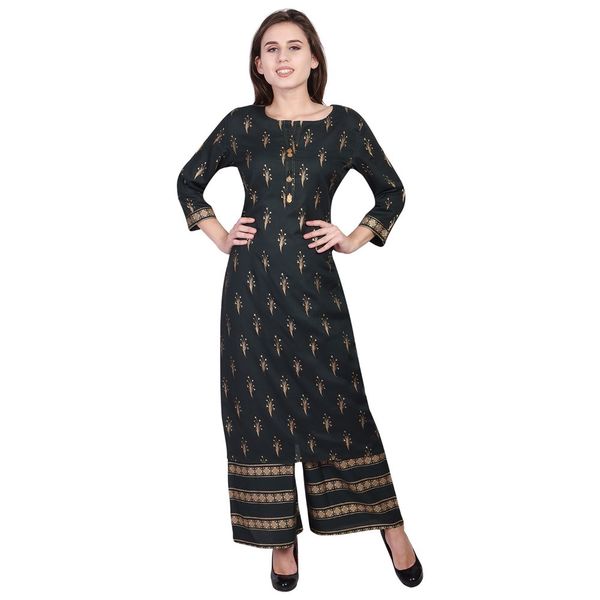 Women's Golden Printed Kurta Kurti Palazzo Set Indigo Green VIHAAN