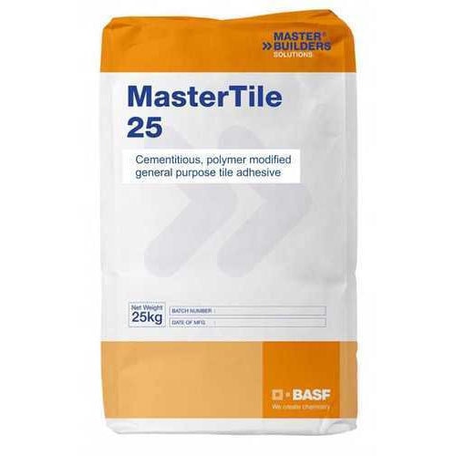 Features:BASF MasterTile 25 is a grey cementitious powder containing performance enhancing polymers and other specialty additives.This versatile, easy-to handle,cement-based adhesive is perfect for fixing ceramic tiles, quarry tiles and similar materials.It provides strong adhesion to cement/sand screeds,to in-situ/pre-cast and aerated concrete, and brickwork.Recommended uses:New tiling in internal areas & floors in externalCeramics TilesVitrified tiles only for Flooring applicationShowers & wet processing areasLaboratories, hospitals, canteens, etcTiling corridors, pavements and roofsCoverage:25kg bag mixed with 4.5 L of water yields 14 litres of mixed adhesive.Each bag of 25 Kg is sufficient for 4.5 ~ 5 m2 of the minimum 3mm application on a flat & smooth surface.