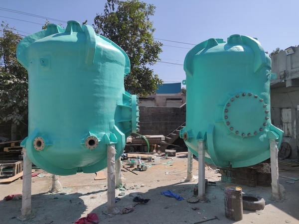 FRP PRESSURE TANK FOR HOT WATER We at FGP Manufacture High pressure FRP Tank. The tanks are used for Hot water application majorly used in commercial purpose like: Hotels, Resorts, and Apartments. These tanks are used along with Heat Pump for storing hot water. We design and manufacture tanks with capacity from 100 Litres up to 10000 litres capacity. With pressure range from 2 kg/cm2 up to 16 kg/cm2. The design codes followed by us to maintain the quality of the product are : BS : 4994 : 1987, BS EN 13121, ASME - SECTION – X, ASME RTP -1-2000, ASTM D 3229-81, ASME B 16.5.The FRP Pressure tanks are widely used in HEAT PUMPS for pressurized water storage application.We manufacture the FRP Tanks with manufacturing processes like: Hand-Lay up Process / Contact Moulding, Filament Winding Process, Spray Lay up.The resin systems used are:a. Polyesterb. Vinyl Esterc. Epoxyd. PhenolicThe tanks are manufactured in Vertical / Horizontal orientation. We offer combination of connections like: NPT fittings, Flanged End nozzles. We also offer optional Heating Coil for steam for backup heating.We offer optional Electrical Heating – for back up. We have successfully installed our tanks within India, Maldives, Mauritius, London, Ontario, USA .