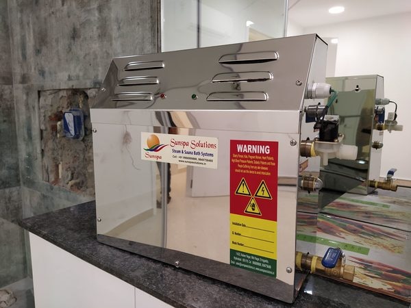 Steam Bath Generator* Digital Control Panel Opereted* Auto Time Cut-off Systems* Auto Temperature Cut-off Systems* Auto Drain Systems* Stainless Steel (304/14 Gauge) Made Steam Tank* Stainless Steel Made (Sunspa Solutions) Heating Element For Long Life* 50mm Thick PUF InsulationDry Run Protection for Heating Elements* Water Level Sonsor Cut-off Systems to Ensure Heater Safety* Safety Pressure Release Valve* Flexible Hose pipe Connector* Soft Touch Control Panel* LCD Display Control panel* Creepage Protection* Stainless Steel Sockets For Long Life of Steam Tank * Short Circuit Protection* High Current Leakage Protection* Earth Leakage Circuit Protection* Hybrid Technology used Control Unit & Control Panel* Low/Medium/High/ Mode Setting for Heating Element Wattage Control to Save more Electricity BillClick Herewww.sunspasolutions.incontact : +91-9966999886,+91-9849756469,