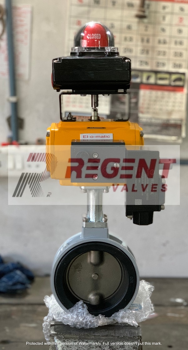 REGENT ALUMINIUM BUTTERFLY VALVE FITTED WITH ELOMATIC DOUBLE ACTING PNEUMATIC ACTUATOR & EQUIPPED WITH ROTEX FLP NAMUR MOUNT SOLENOID VALVE & LIMIT SWTICH1.) WAFER TYPE BUTTERFLY VALVEMake:REGENTMOC: IC Aluminimum AlloySeat: EPDMDisc: S.S. 304Disc type: Offset Disc for Actuator2.) ACTUATORMake:ElomaticModel: ED40Actuator type:Double Acting Quarter TurnAir Failure: Stayput3.) Solenoid ValveMake: ROTEXModel no.51424-6-2G-M6-24VDC-394.) Limit SwitchMake: METSOModel no.DXLW5A2-4R
