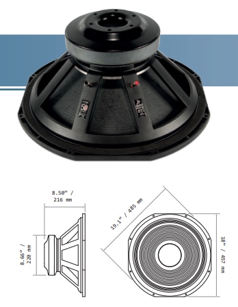 The Prime 18XS is intended for use as a high output bass driver in multi way systems and features a 4 inch 'sandwich' (inside and outside windings) voice coil, immersed in a symmetric magnetic field yielding increased linearity and lower distortion. This, coupled with laminated silicone suspensions, a large Xmax of 12mm with peak to peak travel of 60mm, ensures fast accurate bass at high levels of excursion. The cone membrane, manufactured from polycellulose, is much stronger and more durable than conventional paper pulp alternatives. This allows the driver to combine high-sensitivity with the structural integrity required to produce undistorted low frequencies at extreme sound pressure levels. The driver handles 1200 Watts (A.E.S.) continuous and can cope with peaks in excess of 4800 Watts. This is due to advanced thermal management in the form of vented die-cast chassis and increased motor system venting. These measures effectively remove heat from the voice coil, resulting in extremely low-power compression. The Prime 18XS exhibits 100 dB sensitivity and can deliver bass down to 29 Hz (-6 dB) in a 200 Litre ported enclosure.