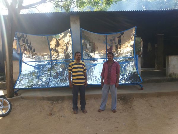 This is one of the best suited Community Solar Cooker for the Medium size community of say 40 peoples. It can boil 5 kg dry rice in just 50 minutes and the cooking pot of 25 ltr can be used for cooking. Total sun radiation reflection area of 4 sq mtr. Best suited design for the Hotels, hostels, Ashram Shala, Mid Day Meal Scheme, Angan Wadis, Temple, Church etc Holy Place cooking where the community size are medium and one can cook with low capital investments. The complete cooker comes in folding design and the life of structure is 20 yrs, Minor manual tracking required to adjust the focal point at the bottom of the cooking pot.