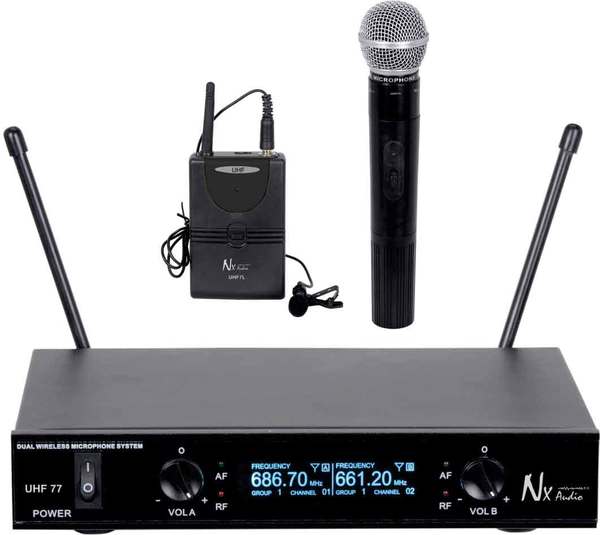 UHF77 Duet Series are very economical, versatile and high quality UHF wireless microphone series, incorporating SMT technology for flawless performance. The individual LCD display on each channel displays on receiver, the frequency, Anteena, Group & Channel parameters. The very high quality capsule in both handheld and Lapel gives very crisp and clean reproduction. UHF77 Series has a good operating distance of over 300 feet without any interference. Make sure the UHF77 series is the wireless choice for your needs and you will sleep better knowing your selection was correct. It is a great choice for budding home musicians as well.