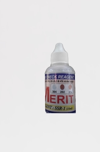 SS304 SS202 DETECTION KITBRAND ;MERITNO. Of tests : Approx300Self life: Upto 6 monthsIf you want to do spot check of SS304 and SS202, just take a random piece from the raw material and put one drop of reagent wait and match the color from color chart which is attached on reagent sticker.