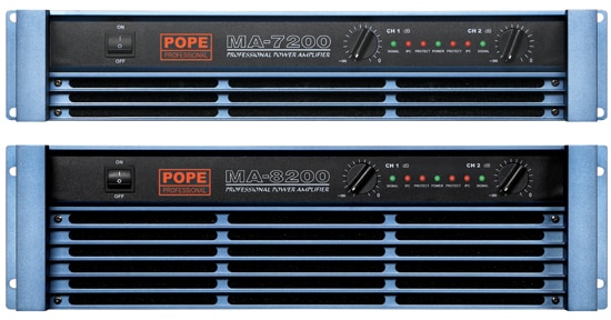 The POPE Professional® MA-7200 is 2U and MA-8200 is 3U, high performance power amplifier designed to meet the most stringent needs of professional use in concert touring, high quality sound reinforcement and professional fixed installations. This amplifier is fully comparable with the other Professional Series amplifiers.FeaturesEnhanced protectionPrecise power amp output4 forced air cooling fans system2mm thick