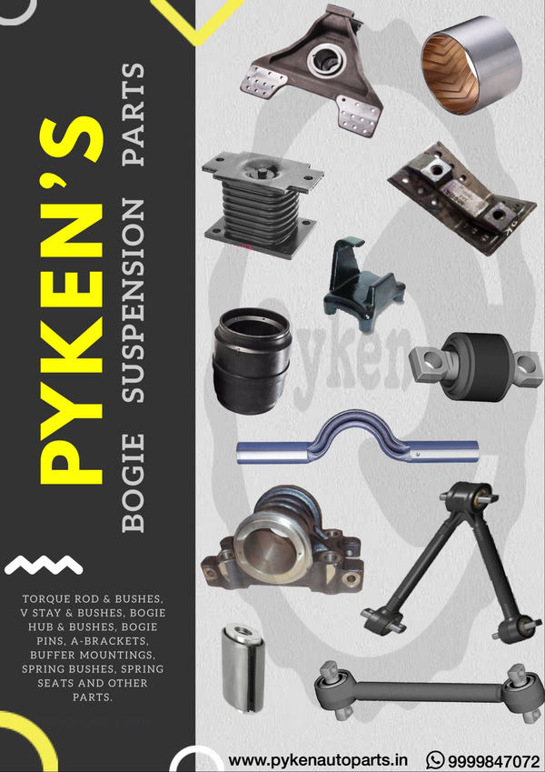 Tipper Bogie Suspension PartsBoggie Suspension PartsTruck Suspension PartsTipper Suspension PartsA BracketBogie HubBogie BushTorque Rod BushRadius Rod BushTorque RodRadius RodBalance RodV Rod BushV Stay AssemblyV Stay RodSpring SeatsSpring Leaf BushesKamani BushesV Rod BracketsSpring Buffer MountingsBolster MountingsSpring Buffer MountingTipper Spare Partssuspension is that segment of the truck or tipper which carries the 70% weight of the whole loaded tipper that implies more chances of wear and tear of Tipper Bogie Suspension Spareparts.that's why require more strengthened Suspension Spareparts that any other section of the truck or tipper.Disclaimer :This product is fully interchangeable with original equipment (OE). This is not a genuine part.Any manufacturer or OE part numbers & brand names are listed for cross reference and identification purposes only and in no way imply that this is a genuine part.