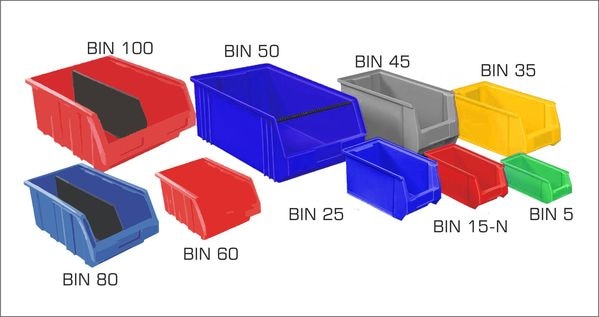 BINS 5 - 16.5 CM X 11.4 CM X 7.8 CMBINS 15N - 18.5 CM X 11.5 CM X 9 CMBINS 25 - 22.5 CM X 15 CM X 12.5 CMBINS 35 -29.5 CM X 21 CM X 16 CMBINS 45 -35 CM X 21.5 CM X 20 CMBINS 50 -51.5 X 31 X 20 CMBINS 60 -25 CM X 18 CM X 13 CMBINS 80 -35.5 CM X 22.5 CM X 17 CMBINS 100 -35.5 CM X 32 CM X 17 CM