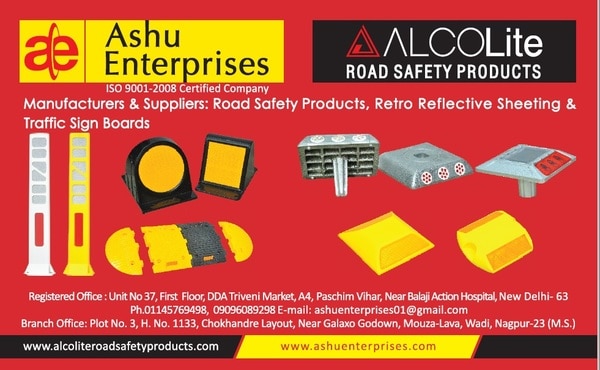 Ashu Enterprise manufacturer of all type of road safety product . LikeSolar Road StudsPlastic Road studsAluminium Road StudsDelineatorBarrierReflective Sign BoardSpring PostSpeed breakerEpoxy AdeshiveFlexible Median MarkerPlastic ConeReflective Sheet