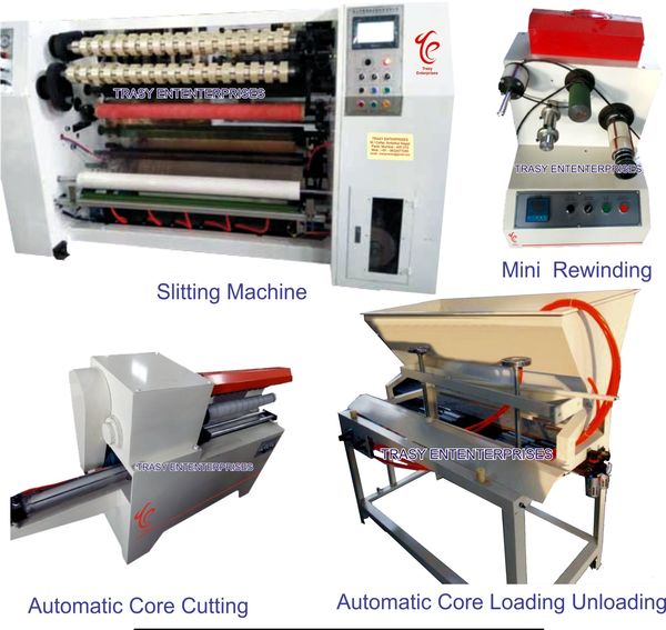 The set of Masking Tape Slitting Machines for conversion of masking tape jumbo rolls to small rolls.We are an Indian company having manufacturing unit in Mumbai, Kurla; as well as in kunshan, China. The above said set is manufactured in China and will be supplied to you under name of our company with warranty of 12 months. This set of Masking Tape Slitting Machines can cut 1300 mm wide Jumbo roll. One can convert about 100 boxes in 8 hours or a Jumbo roll of 2000 metres can be converted in 55 minutes. The set of Masking Tape Slitting Machines consists of slitting machine, automatic core cutting, core loading and unloading machine and mini doctoring machine.