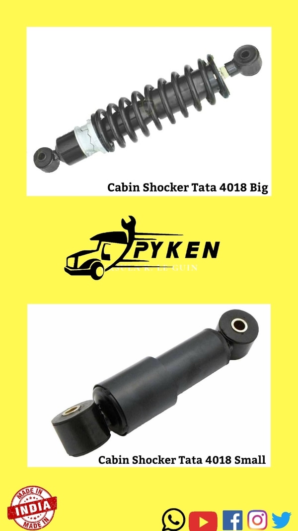 Pyken’s Cabin Shocker Tata 4018 BigCabin Shocker Tata 4018 SmallCabin Shocker Tata 3718Cabin Shocker Tata bs4Cabin Shocker Tata bsivCabin Shocker Tata 4923Cabin Shock Absorber Tata 4018 / 4923 / Bs4 / BsivOur improved cabin suspension width front dampers and rear shock absorbers with coil springs improved cabin suspension.Disclaimer : we dont have any tradelinks with original companies. we use their name/brand/partnumber/logos or pictures for refrence purpose only. we deal only under our own registered Pyken brand.