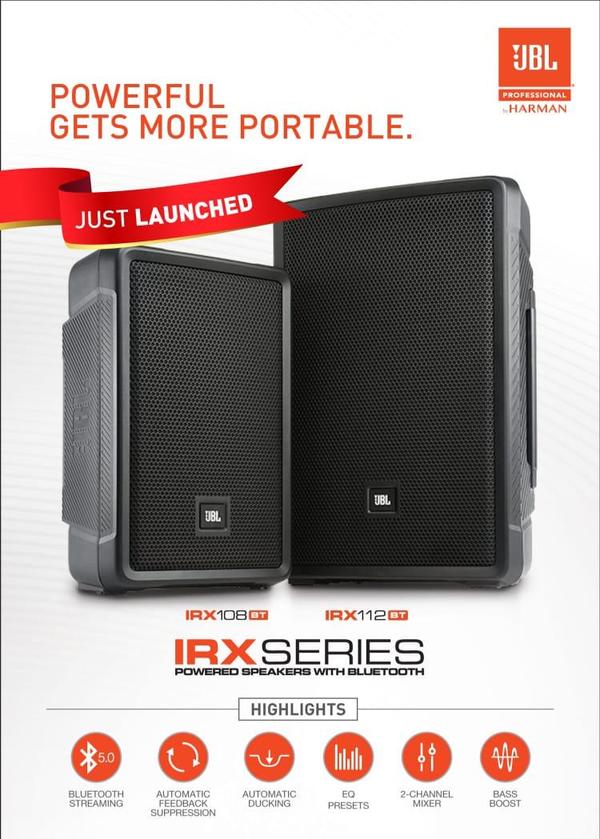 The JBL IRX108BT portable powered PA loudspeaker delivers class-leading volume and clarity, total ease of use and an unrivalled feature set at our most affordable price point. Sound amazing with a custom, pro-grade system engineered to outperform larger competing systems. Real-world EQ presets let you dial in optimal tone in an instant—no experience necessary—and built-in dbx DriveRack automatic feedback suppression lets you crank it up with confidence. Play music, soundtracks and backing tracks with Bluetooth audio streaming, and ensure your voice carries over background music with one-touch ducking. Two mic/line combo inputs and an XLR loop-out round out this lightweight, durable PA.Performers, content producers, fitness instructors and presenters on the go can count on the versatile, full-featured IRX108BT to serve up stunning, pro-quality sound, every time.FeaturesAuthentic 8-inch JBL wooferFour real-world EQ presets take the guesswork out of optimizing sound.dbx AFS Automatic Feedback Suppression stops feedback before it starts.Bluetooth integration allows stereo streaming of music, soundtracks and backing tracks.One-touch ducking automatically lowers music volume when speech input is detected.Wide frequency response: 54 Hz – 20 kHzSensitivity (SPL): 124 dBLightweight design: <22 lbsWattage: 1,300W2 XLR/TRS combo input jacks and 1 XLR out offer a range of connectivity choices.Mic/Line selection switch enhances versatilityErgonomic handles make transport quick and easy.Durable honeycomb steel grille is road-tested for reliability.Built-in pole mount expands system set-up options.More DetailsCLASS-LEADING VOLUME AND CLARITYThe IRX108BT draws from seven decades of legendary JBL engineering to deliver an ultra-portable, reliable system designed to outperform similar competing systems—and some bigger systems, too. The 8-inch IRX108BT produces the highest measured volume and the widest frequency response in its class, with SPL, wattage and performance ratings equivalent to much larger loudspeakers.BLUETOOTH AND AUDIO STREAMINGBuilt-in Bluetooth audio streaming—accessible at the push of a button—lets you play backing tracks, video soundtracks or recorded music between sets; link two speakers to create a true stereo image. Two XLR/TRS combo inputs and an XLR loop-out to connect additional speakers round out I/O options.TAKE THE GUESSWORK OUT OF GREAT SOUNDSound your best in seconds with real-world EQ presets modeled after a range of common performance scenarios. Built-in dbx AFS Automatic Feedback Suppression protects speakers—and your ears—by automatically stopping feedback before it starts. One-touch ducking automatically lowers music volume when speech input is detected, ensuring everyPOWERFUL GETS MORE PORTABLEThe IRX108BT is engineered to deliver big-system sound in a compact footprint. Its ultra-lightweight, durable polypropylene cabinet will have you loading in and out in minutes, and ergonomic handles make transport a breeze. In short, you’ll enjoy big, crystal-clear sound without the hassle of hauling a huge system.RUGGED AND ROAD-TESTEDLike every JBL speaker, the IRX108BT undergoes 100 hours of stress testing to ensure it’ll perform flawlessly in real-world conditions.