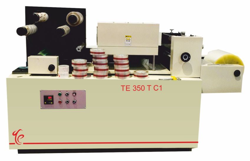 Printing, Slitting & Rewinding with Turret Machine for BOPP Adhesive Tape • FUNCTION: This machine is developed to Print, Slit & Rewind the transparent ready BOPP Adhesive Tape.• FEATURES: 1. AC motor to control the rotation of the shafts.2. Machine speed can be adjust according to different type material.3. Machine with length counter, you can set the required length. Very high precision.4. You can stop the machine in any time by E-Stop button.5. Rewinding shafts are driven by DC motor, can change speed very well.6. Flexo printing type.7. Ink used is water based UV ink.8. Ink curing by UV lights.9. Inline Slitting • MAIN TECHNICAL PARAMETERS: Model 350Max.unwind width 360 mmMax .unwind diameter 350 mmMax. rewind diameter 200 mmMin. slitting width 25 mm I.D of paper core 3''Slitting Razor Blades