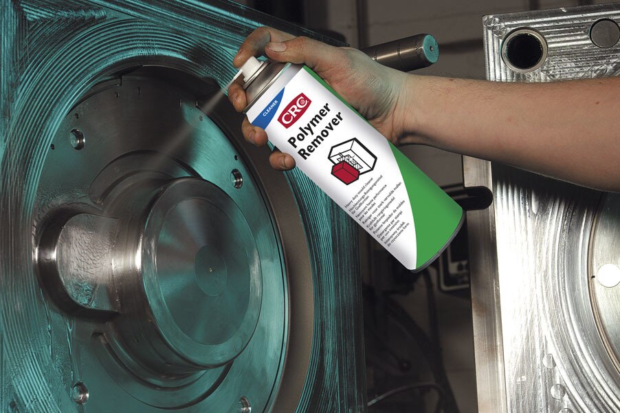 CRC POLYMER REMOVERHeavy duty mould cleaner.Highly effective and powerful solvent blend developed for use on heavily soiled moulds and dies to remove a variety of moulding deposits.• Foaming action which clings to the mould surface and facilitates a good contact with the contamination• Removes: plastics, rubbers and resin residues, even when carbonized• Thixotropic formulation for maximum efficiency, even on vertical surfaces• Leaves a clean and dry surface after application