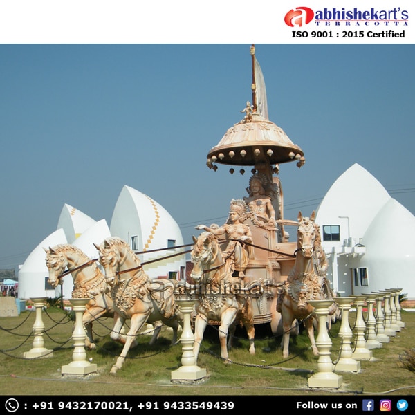 We are one of the leading manufacturers and suppliers of the Fiberglass Krishna Arjuna Chariot statue. These fiber statues are made of high-grade FRP with weather coated color for long-lasting. The height of each sculpture is available in 27 feet x 14 feet x 36 feet. We also do customized statues.