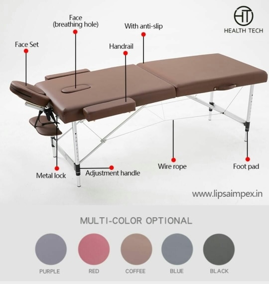 Description:-Weight capacity of 275 kg (600 lbs. or 42 stone )adjustable height 61.5-85 cm.This will be help you to fit your leg under the table.Accessories adjustable removable deluxe face cradle, front arm, 2- side arm support carry cash and bag and face whole plug.Weight of Table-16.5 kgPU LeatherReclining bottom Dimension- Length- 6 feetwidth-2.5 feetHeight-61.5-85 cm Adjustable.