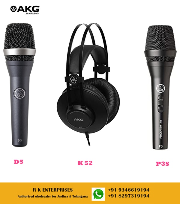 The D5 professional dynamic vocal microphone for lead and backing vocals delivers a powerful sound even on the noisiest stage. Its frequency-independent supercardioid polar pattern ensures maximum gain before feedback. The D5 stands for a crisp sound that cuts through every mix. The dual shock mount eliminates any kind of mechanical noise for trouble-free live use. The audience will hear the pristine sound of your voice! The D5 S has the same mechanical, electrical, and acoustic characteristics as the D5 and features a noiseless on/off switch.Rage hardThe Perception P3 S is a high-performance dynamic microphone ideal for backing vocals and guitar. Its cardioid polar pattern picks up sound from in front of the microphone while reducing feedback and unwanted noise from behind.The Perception P3 S provides a sturdy metal case and wire-mesh grille for exceptional ruggedness. The microphone offers a convenient on/off switch for noiseless muting.Style, comfort, qualityYour music rocks - make sure you hear every detail with the AKG K52 over-ear, closed back headphones. Professional-grade 40mm drivers reveal even the subtlest nuances, so you can be confident your mix will translate accurately on any system. Whether you’re monitoring vocals or tracking a bass line, the self-adjusting headband and lightweight design will provide hours of comfort. Designed by the company whose mics and headphones have helped create some of the world’s most iconic recordings, the durable K52 headphones deliver great sound wherever your music takes you.